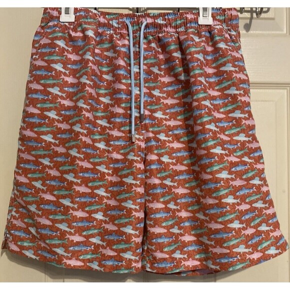 PETER MILLAR SEASIDE Mens L Pink Blue Fish Print Mesh Lined Swim Trunks Shorts - Picture 1 of 8